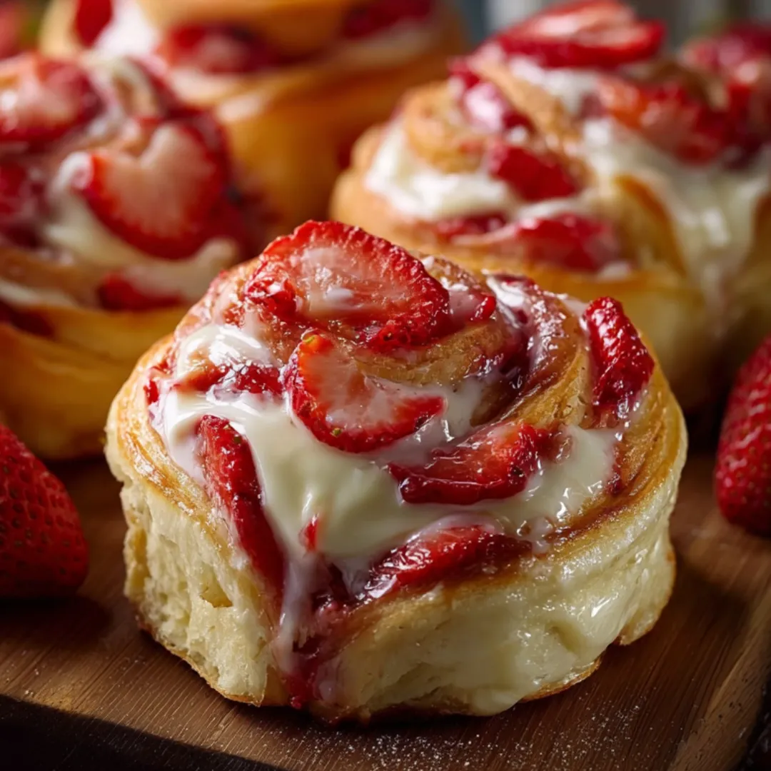 Fluffy pastry topped with strawberries.