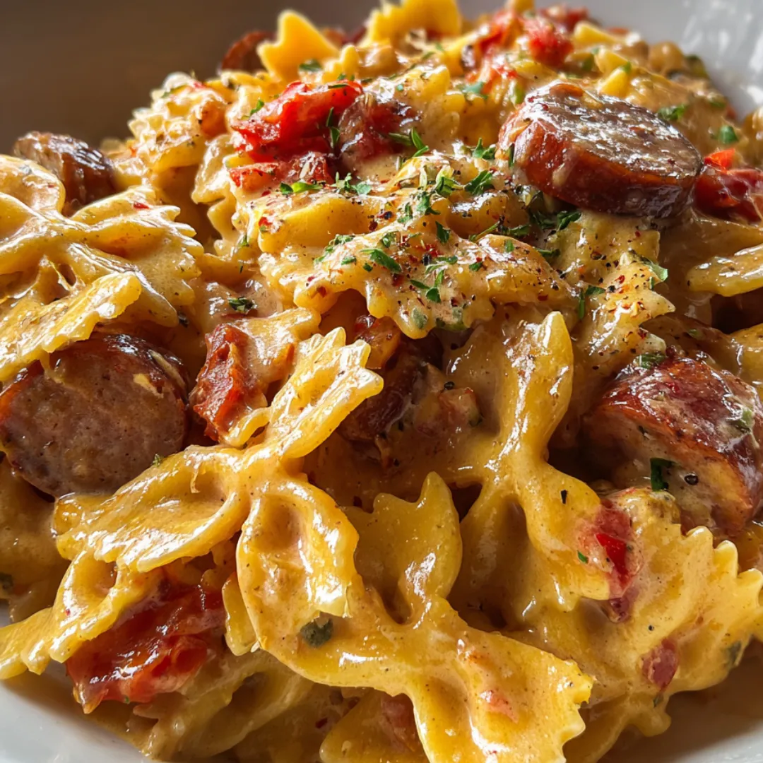 Pasta with chunks of sausage and tomatoes on a plate.