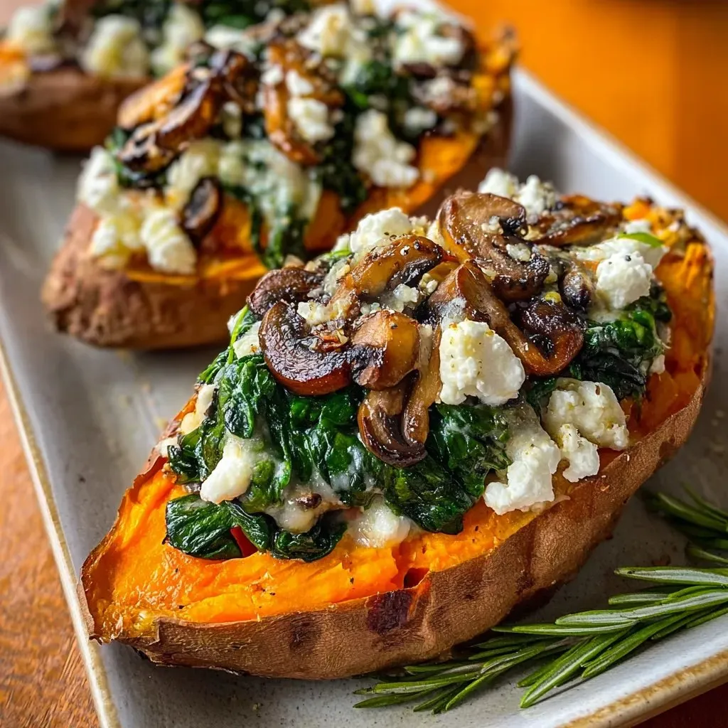 Roasted sweet potato halves stuffed with mushrooms and cheese.