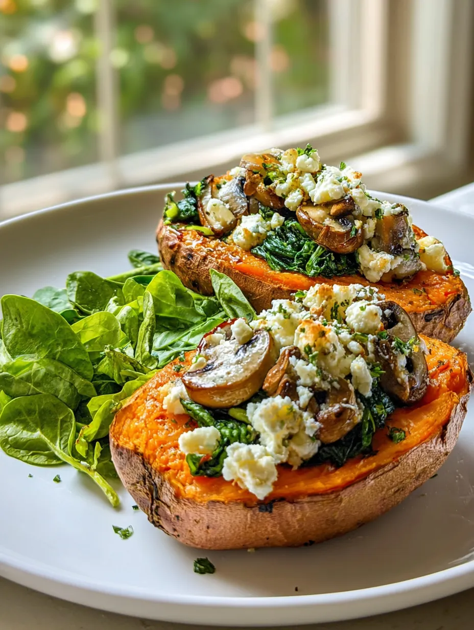 Two baked sweet potatoes stuffed with mushrooms on a white plate.