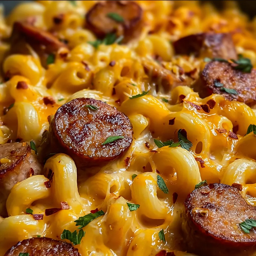 Mac and sausage served on a plate.