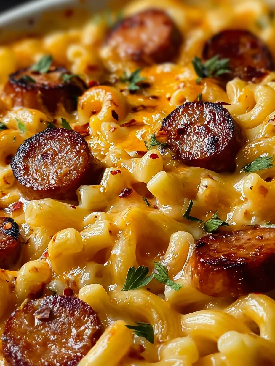 Closeup shot of creamy mac and cheese with sausage chunks.