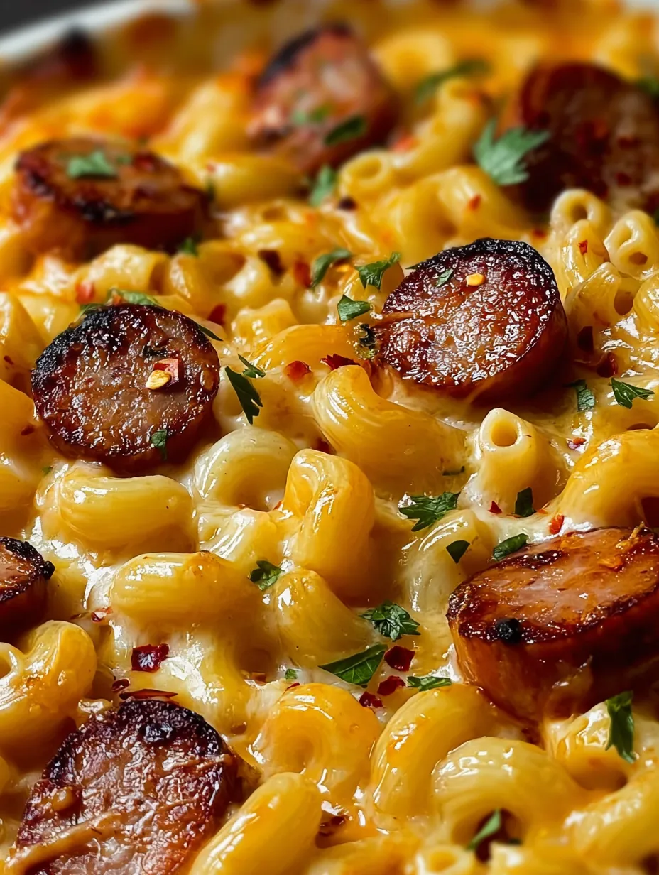 Plate loaded with mac and cheese and sausage.