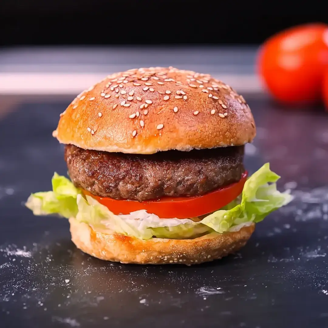 Burger stacked with tomato and lettuce on a black surface.