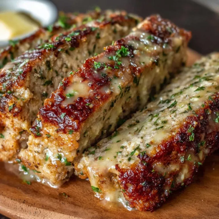 Chicken loaf topped with melty cheese on a serving plate.