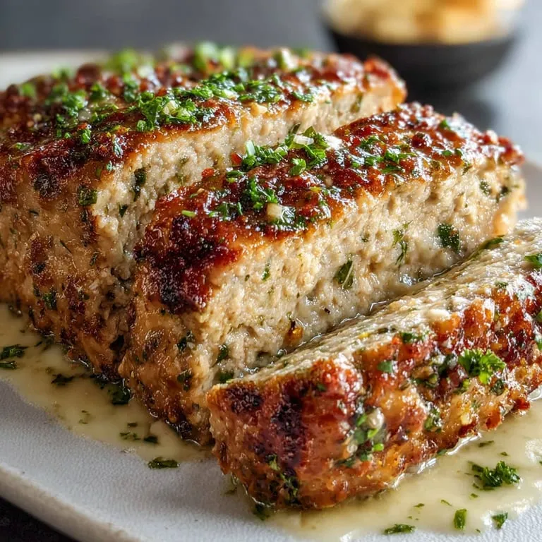 A juicy chicken loaf topped with herbs on a wooden board.