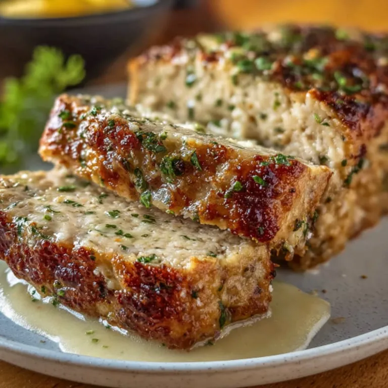 A savory chicken loaf with creamy sauce on a white plate.