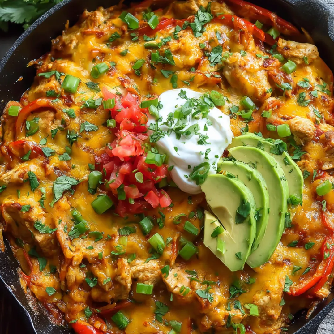 Cheesy casserole with a scoop of sour cream on top sitting in a pan.