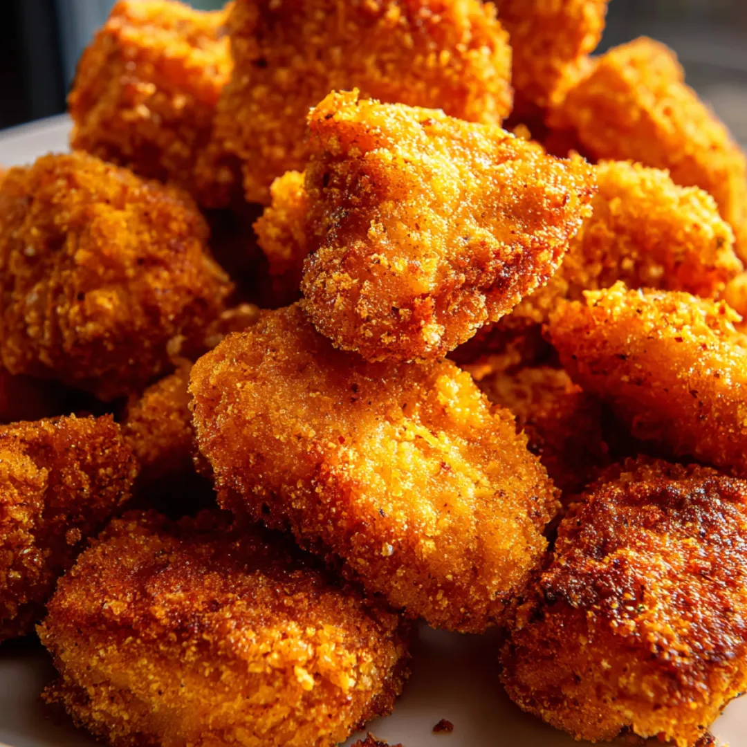 A plate loaded with crunchy chicken nuggets.