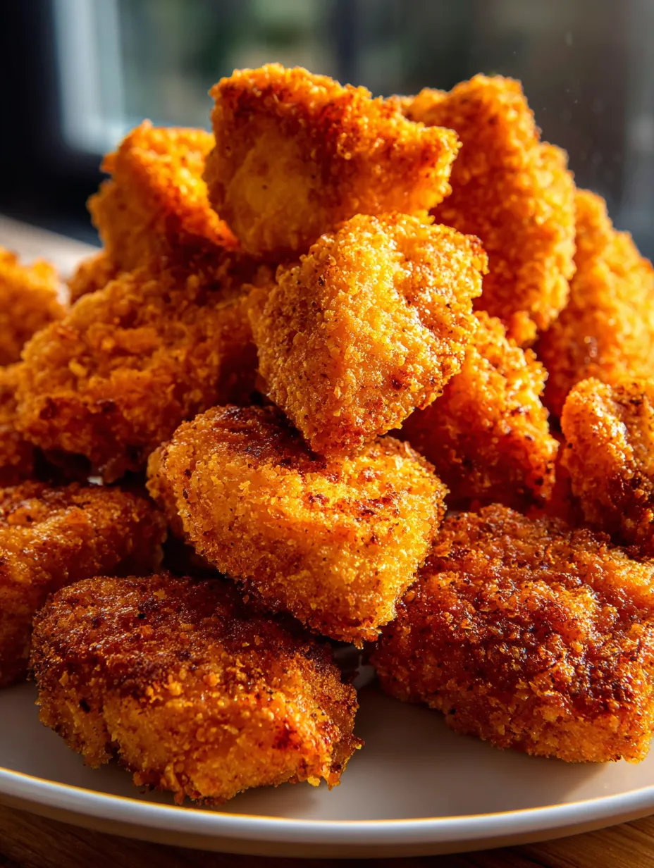 A plate piled high with crispy chicken pieces.