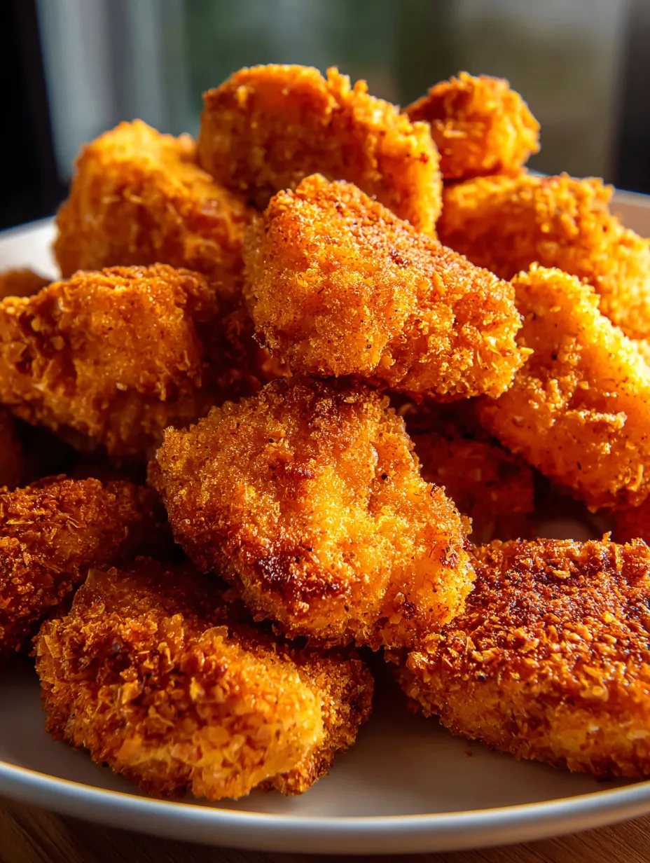 Crispy fried chicken pieces arranged on a plate.