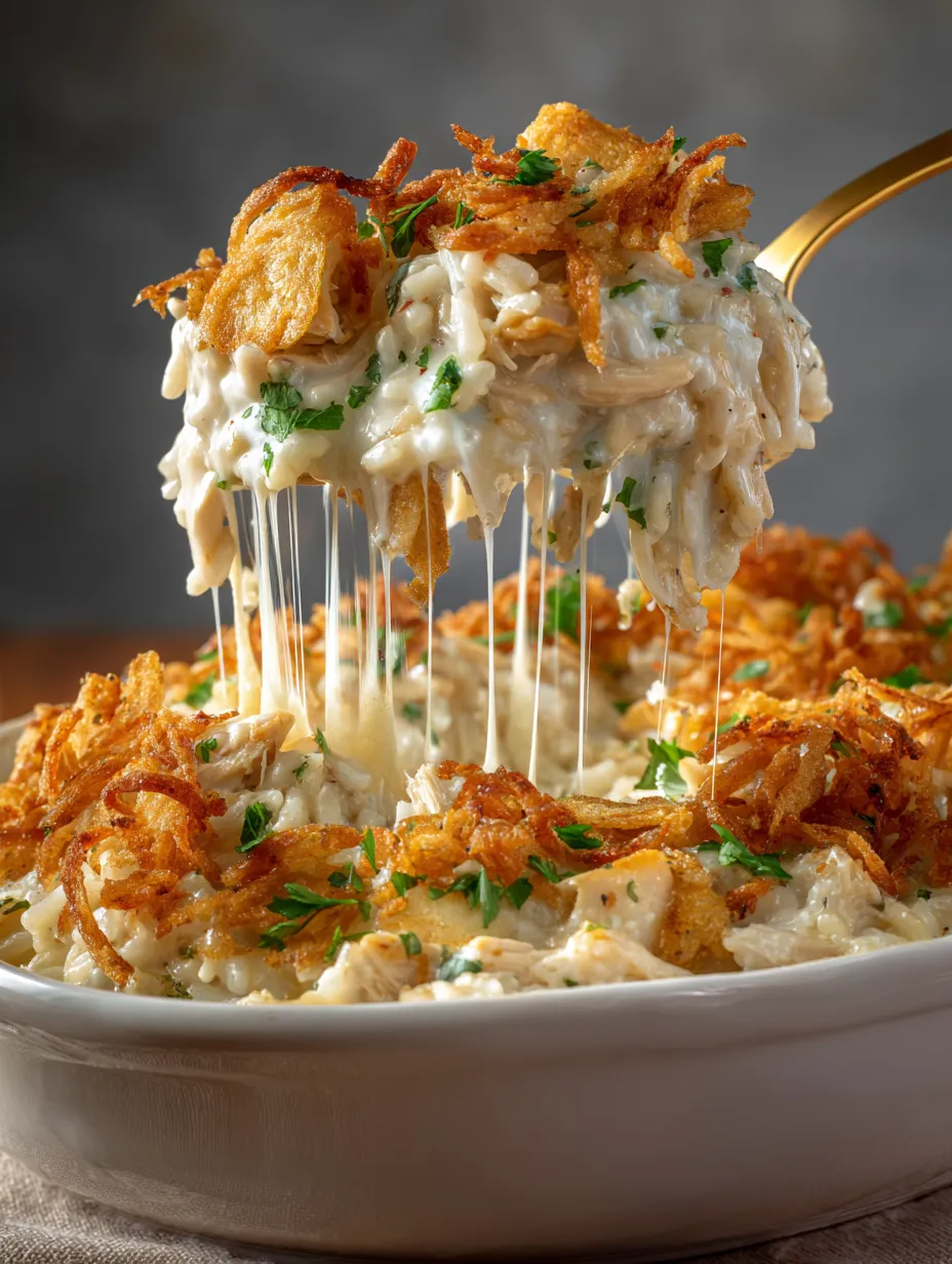 A bowl topped with cheesy chicken and onions.