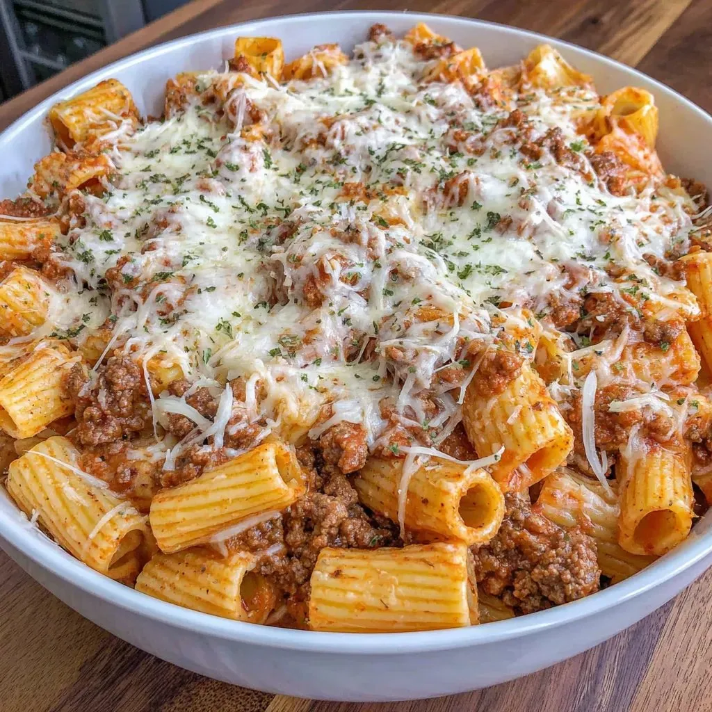 A bowl of pasta loaded with gooey cheese and beef.