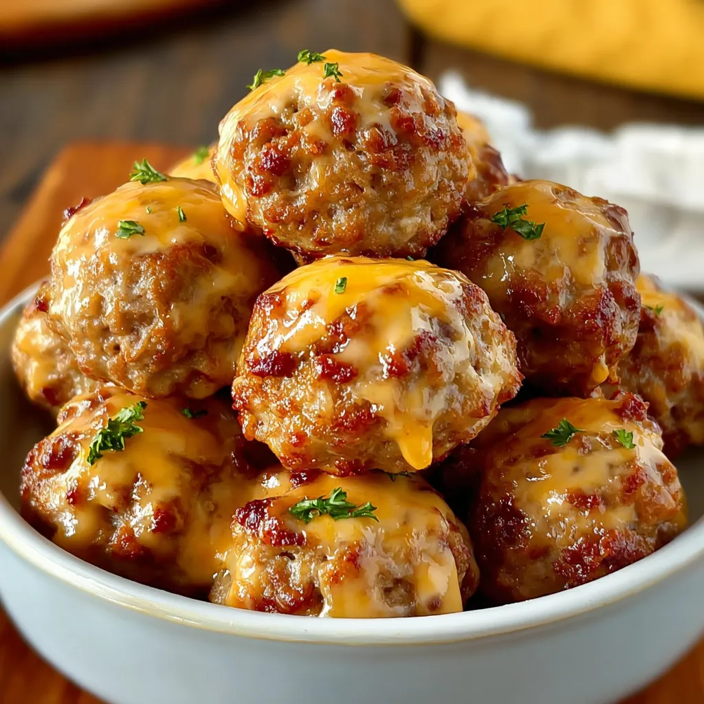 Cheesy meatballs stacked in a bowl.