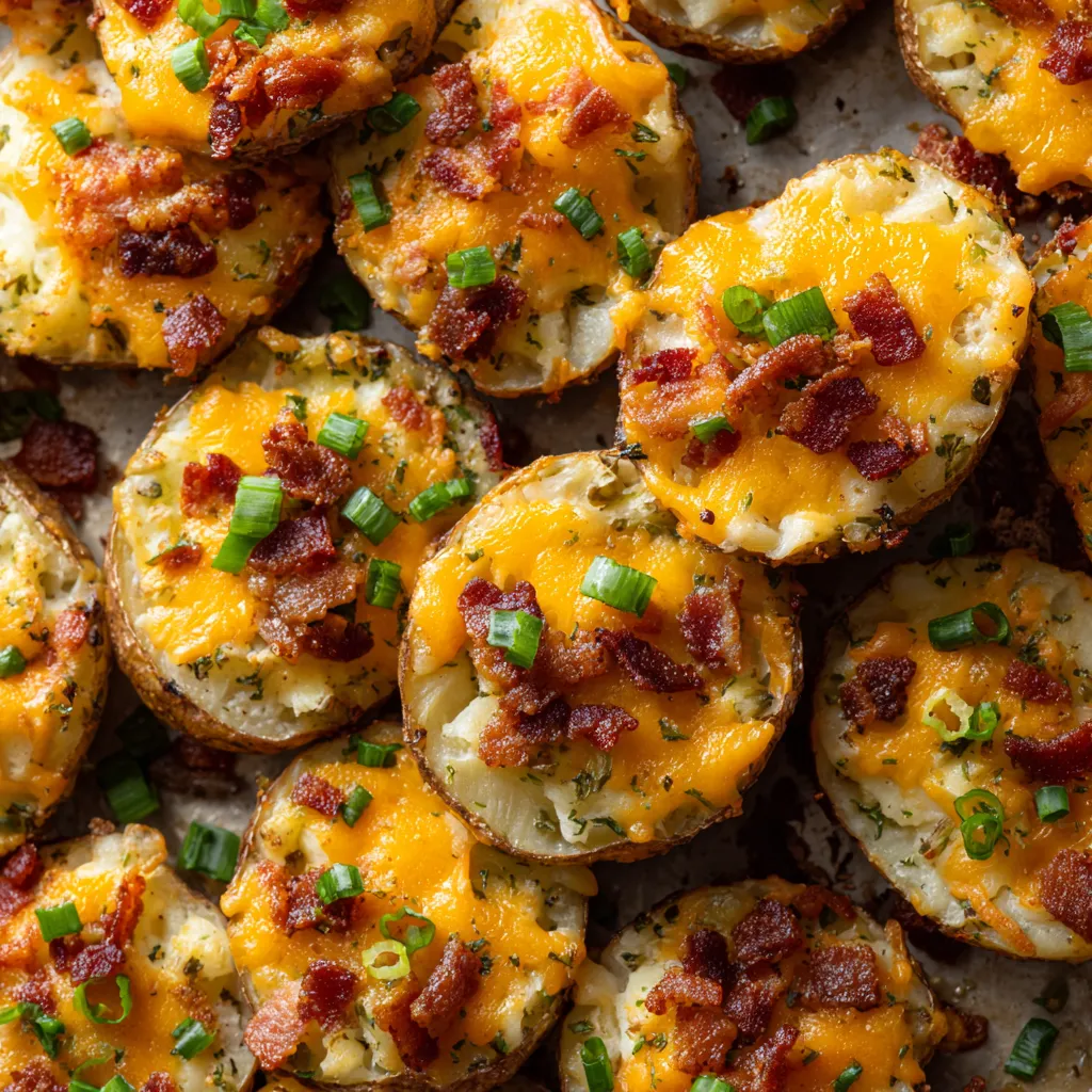 Potato bites with bacon and melted cheese.