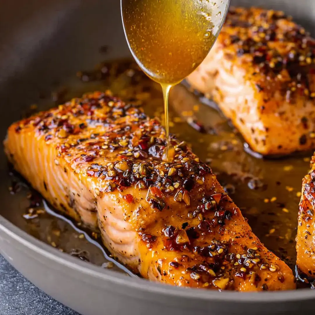 Salmon in a skillet getting honey spooned on top.