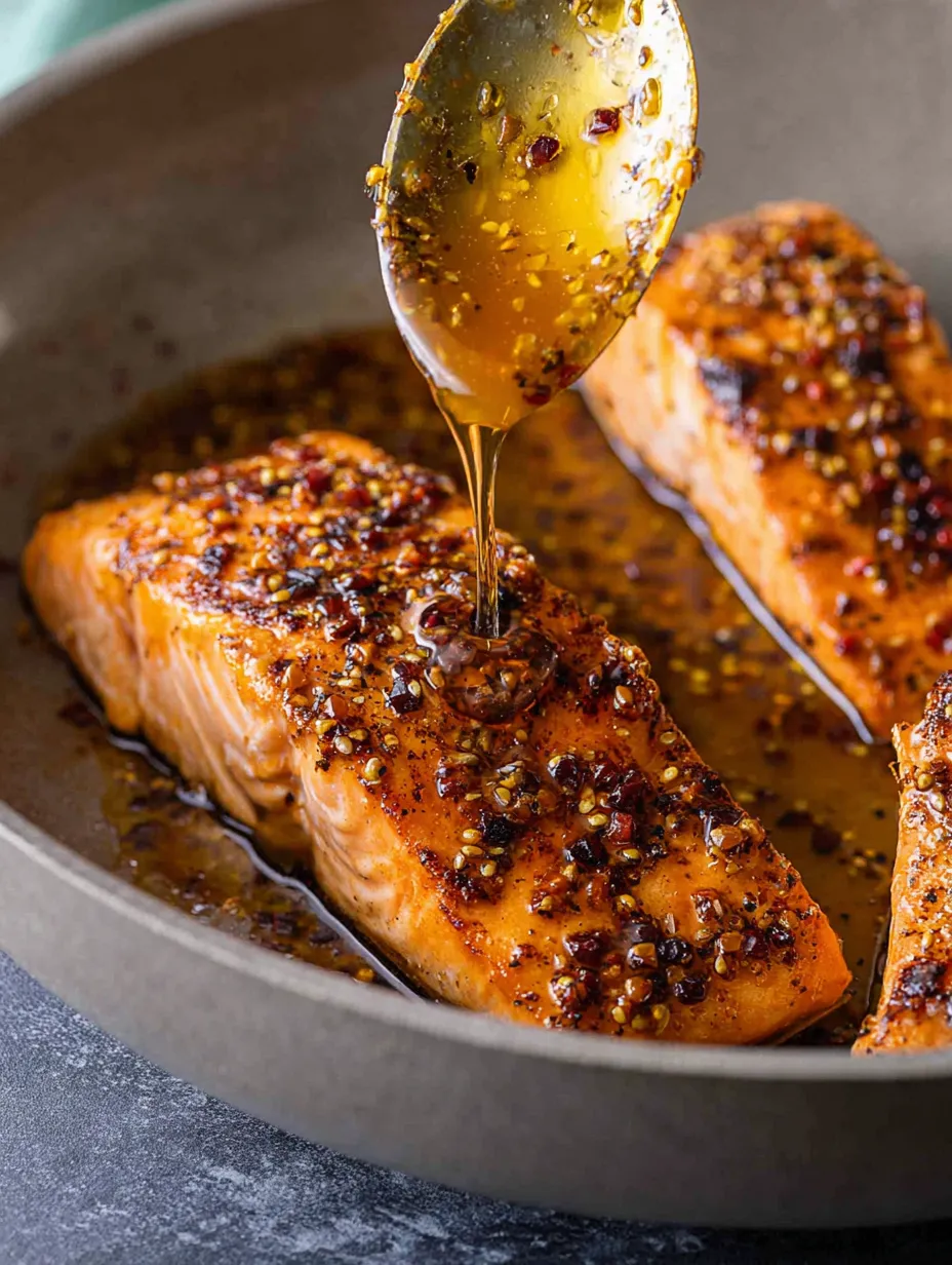 A skillet of salmon being sauced.