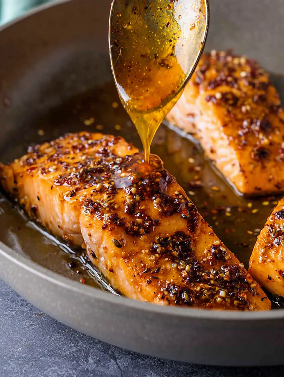 Salmon in a skillet getting a honey drizzle.