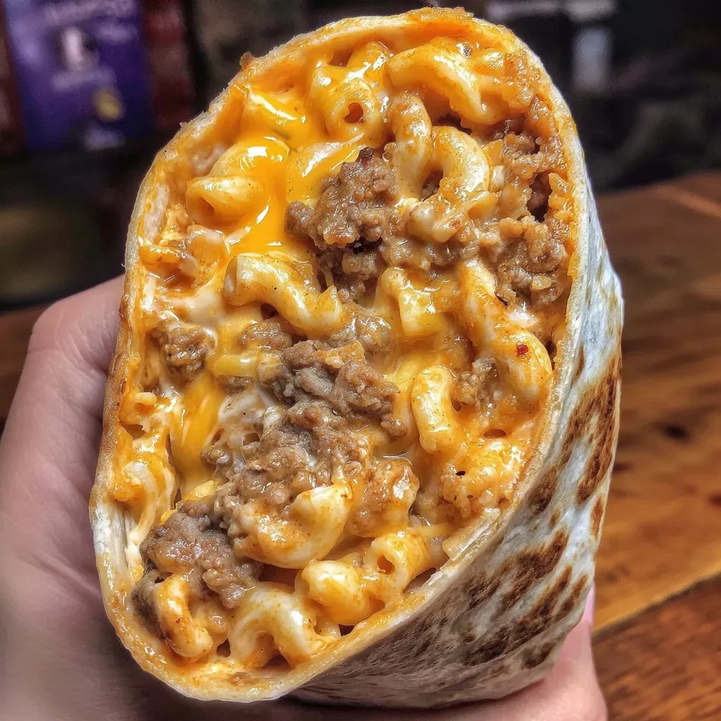 A hand holding a cheesy mac and beef burrito.