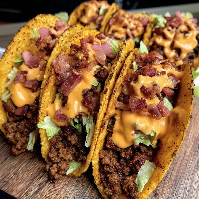 Tacos with gooey cheddar and smoky bacon on a serving plate.