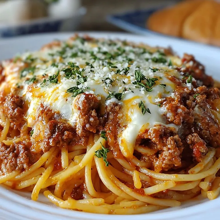 Plate of spaghetti with meat and tomato sauce.
