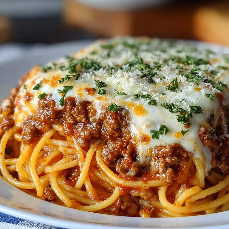 A plateful of spaghetti topped with meat and melted cheese.