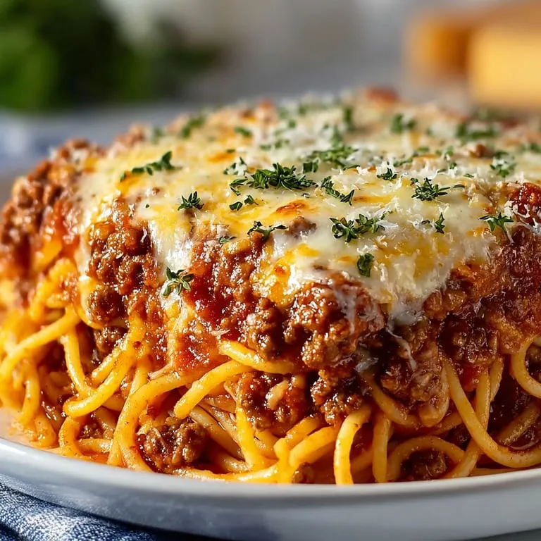 A generous serving of spaghetti with meat and cheese topping.