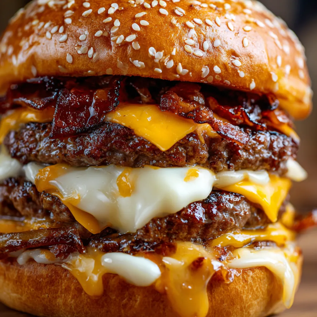 A big burger stacked with bacon and cheese.