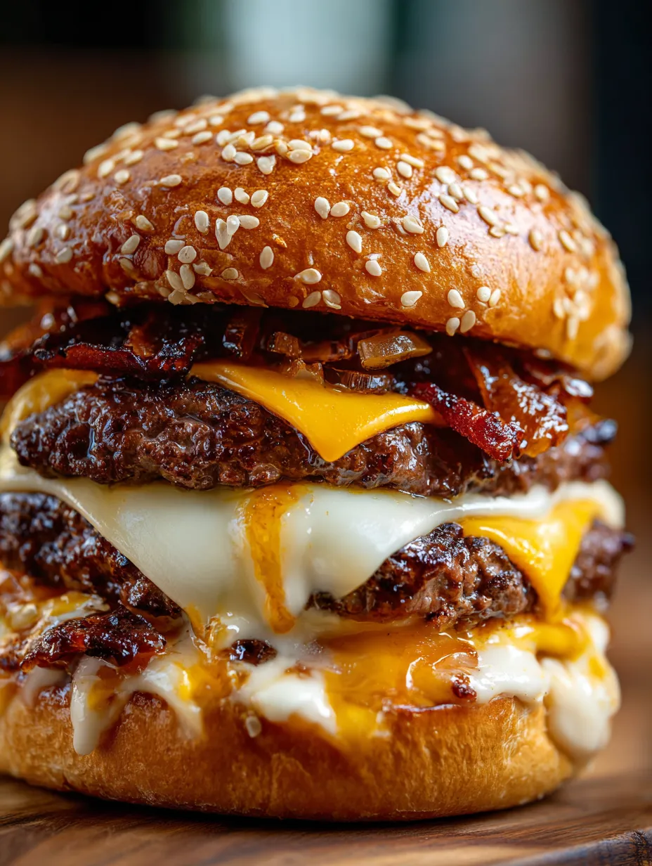 A big juicy burger topped with bacon and melted cheese.