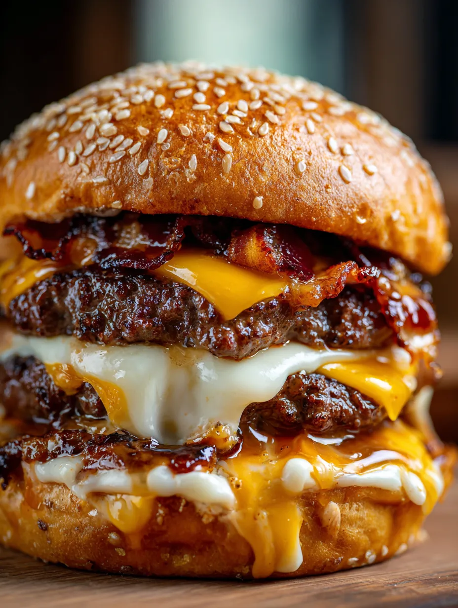Closeup of a cheesy bacon burger bursting with flavor.