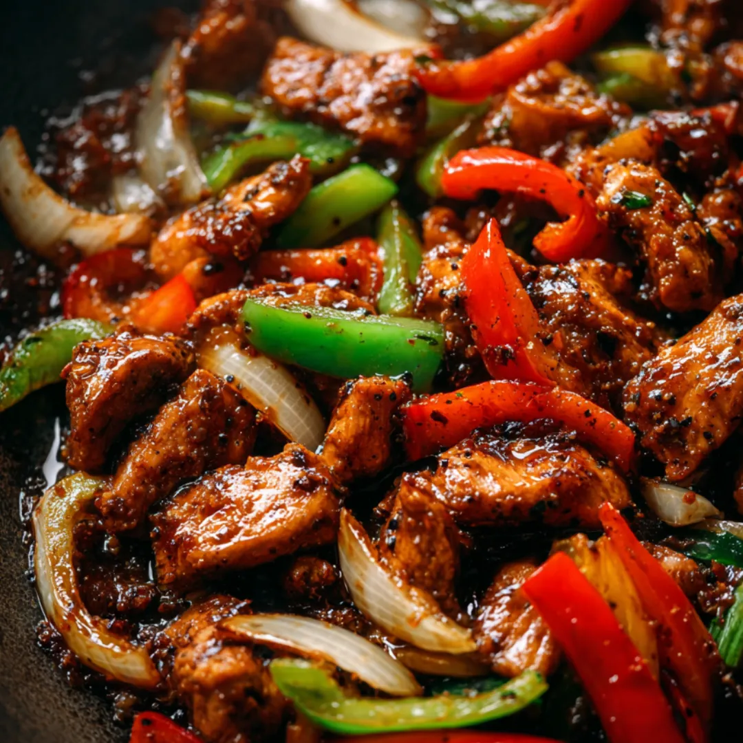 Colorful stir-fried chicken with peppers and onions on a white plate.