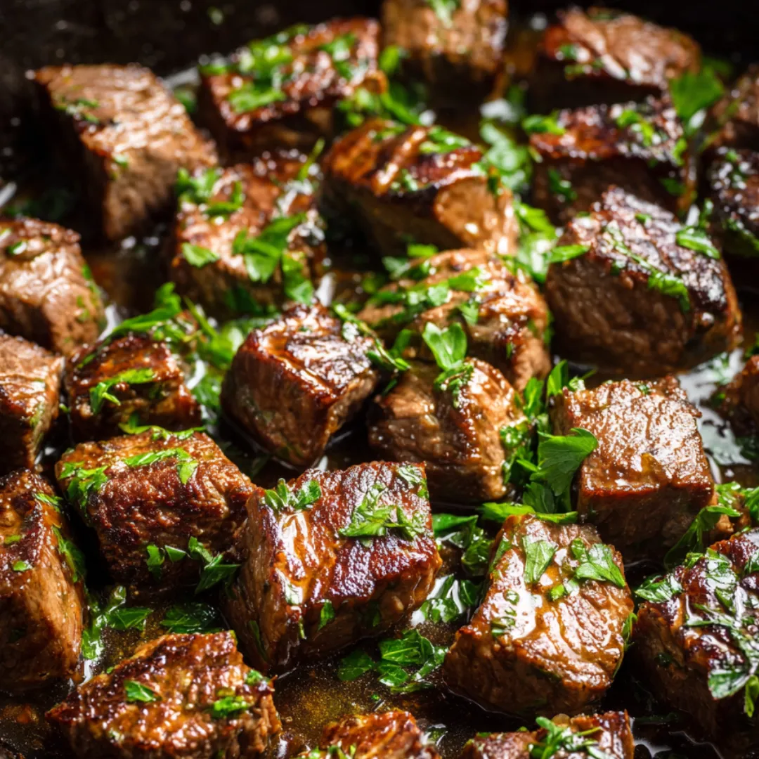 Close shot of beef bites with fresh herbs on top.