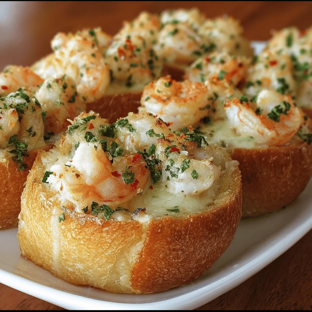 Bread filled with shrimp and melty cheese.