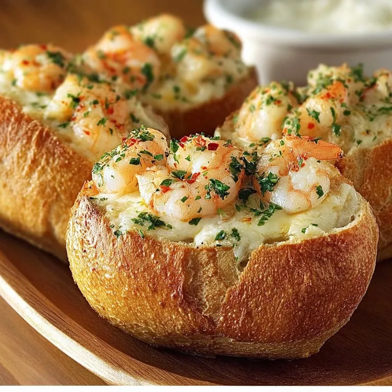 Shrimp and melty cheese inside toasted bread.
