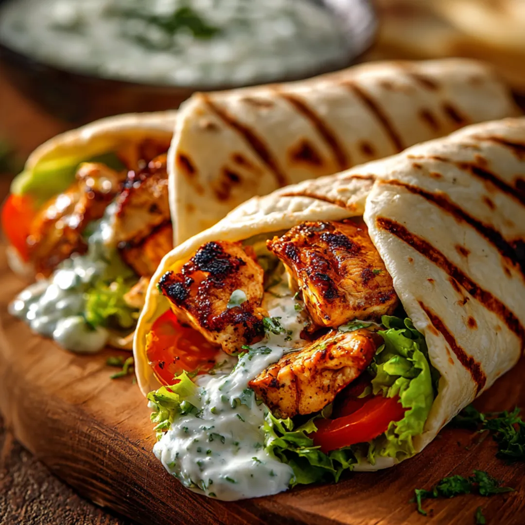Chicken pita wrap with tomatoes and lettuce.