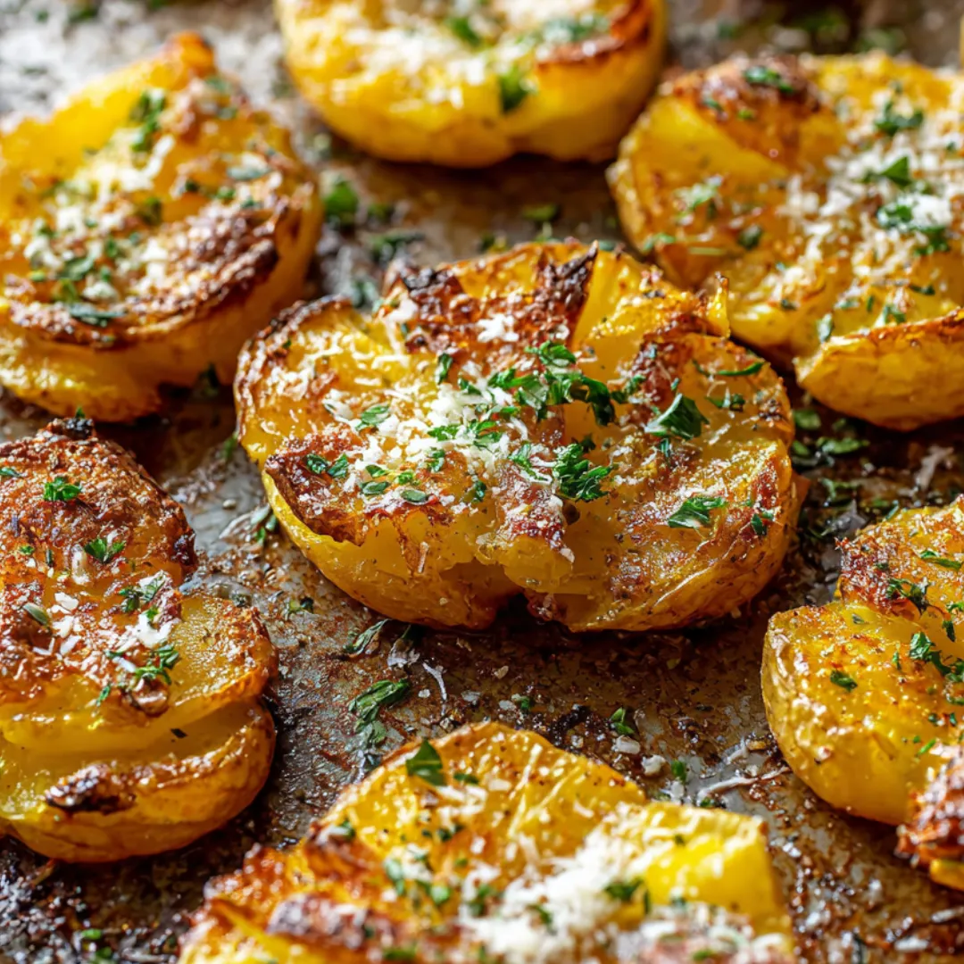 Potato slices covered in herbs and cheese.