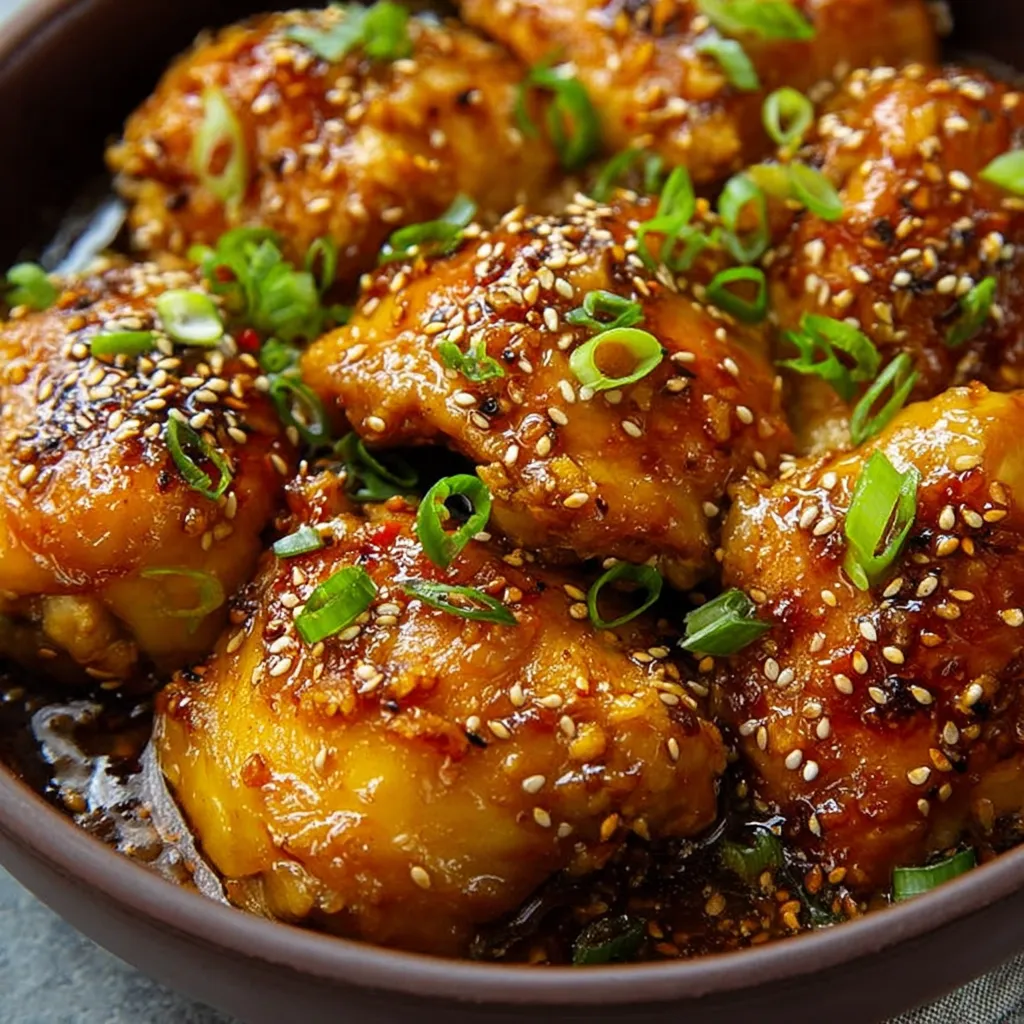 Bowl of saucy chicken and green onions, all coated in orange glaze.