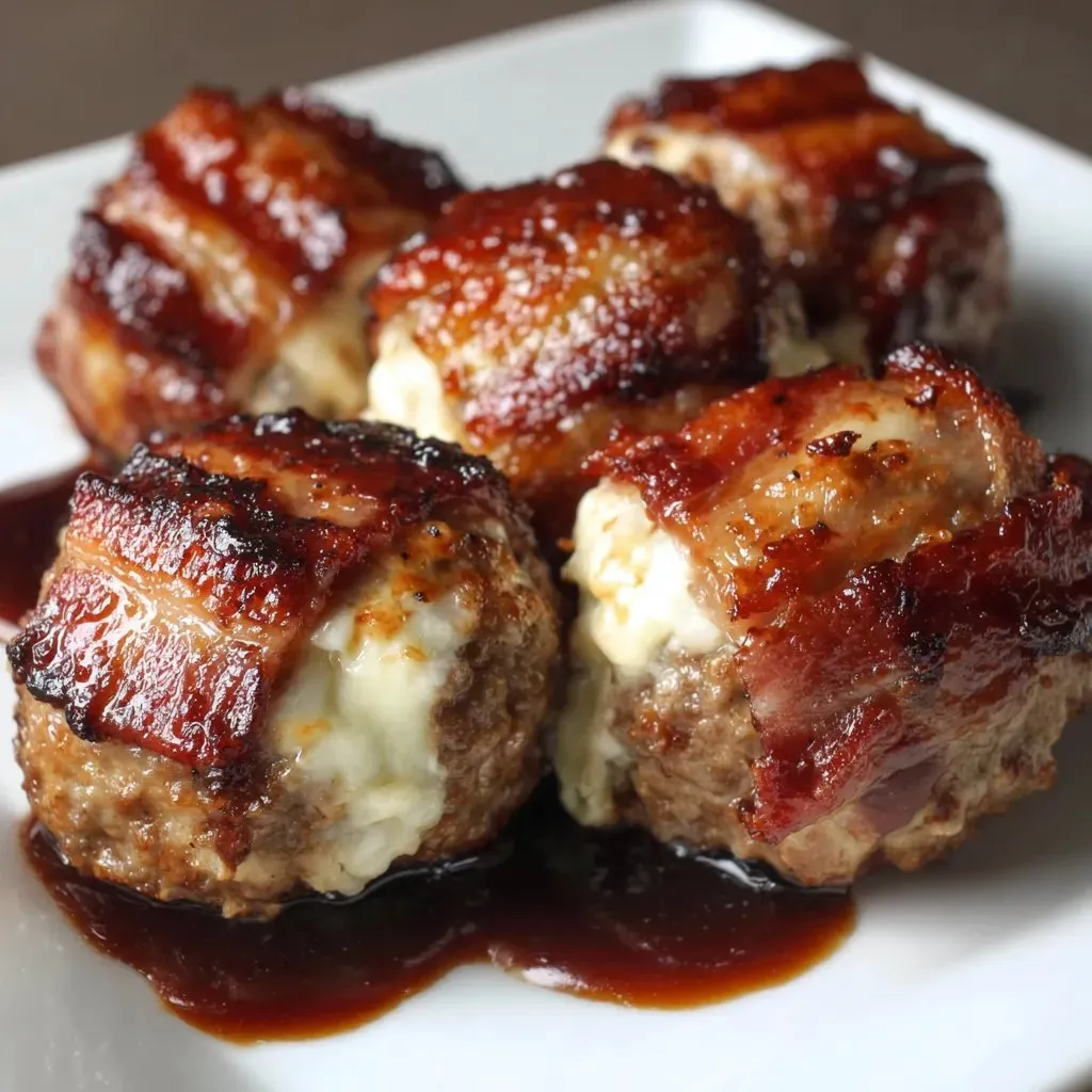 Juicy bacon-wrapped meatballs filled with cheese on a plate.