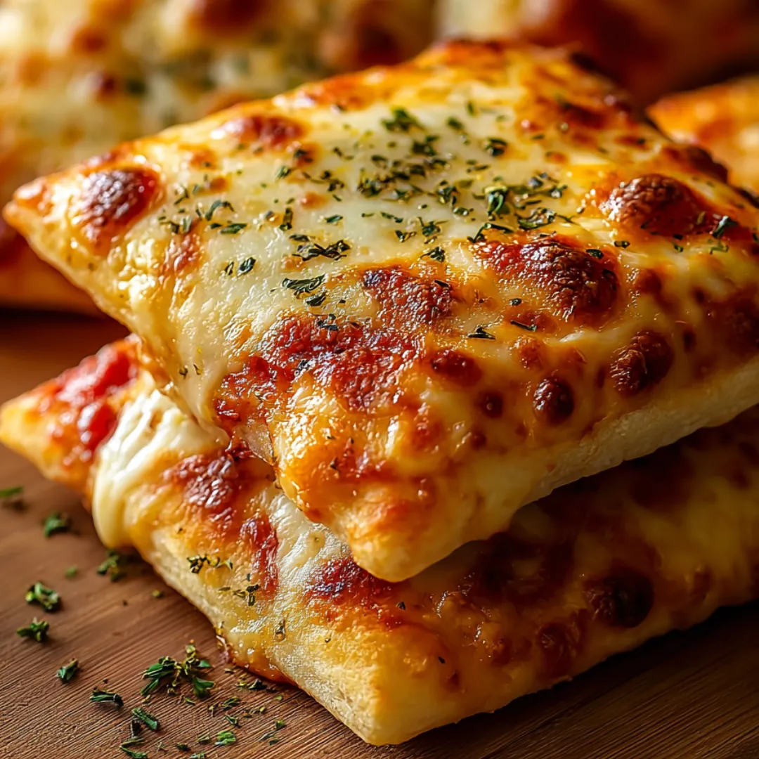 Sliced pizza stacked up on a wood table.