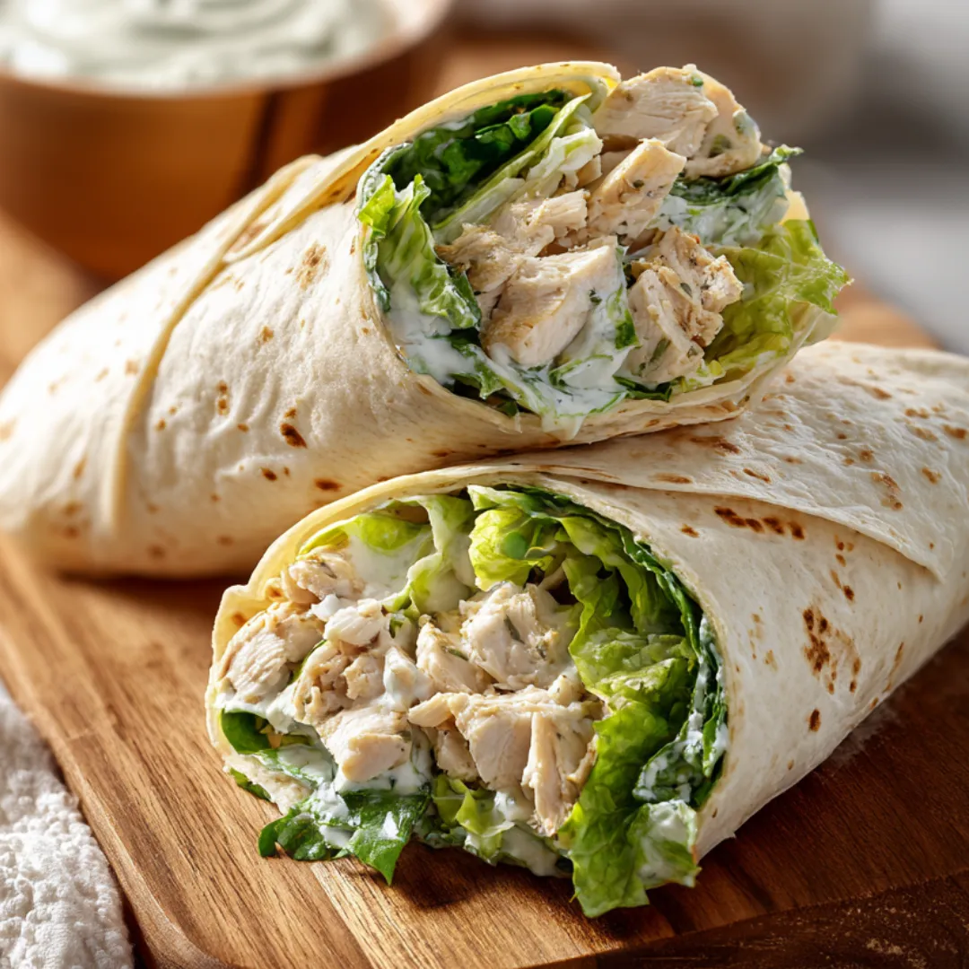 Two soft chicken wraps sitting on a wooden board.