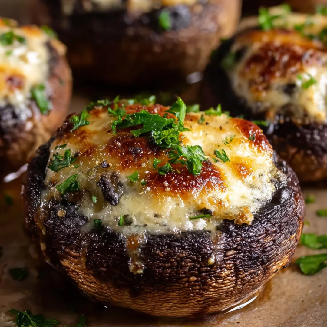 Big mushrooms piled with cheese and fresh herbs.