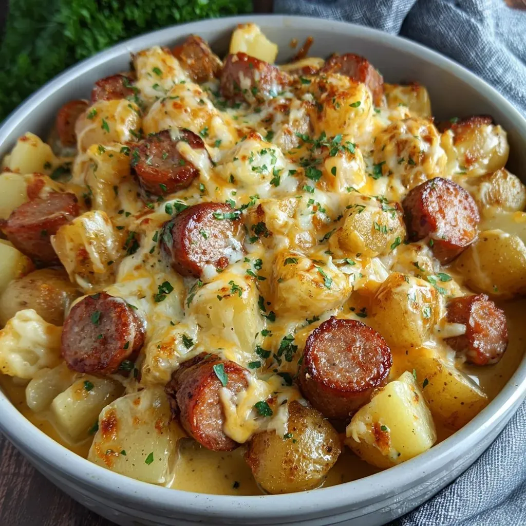 A bowl packed with potatoes and slices of sausage.