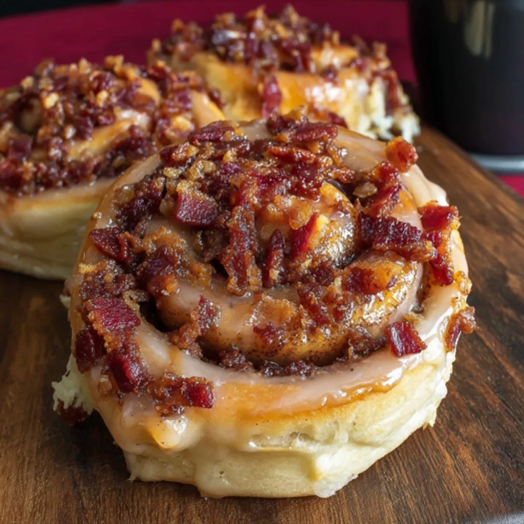 Two sweet, glazed pastries topped with crispy bacon bits.