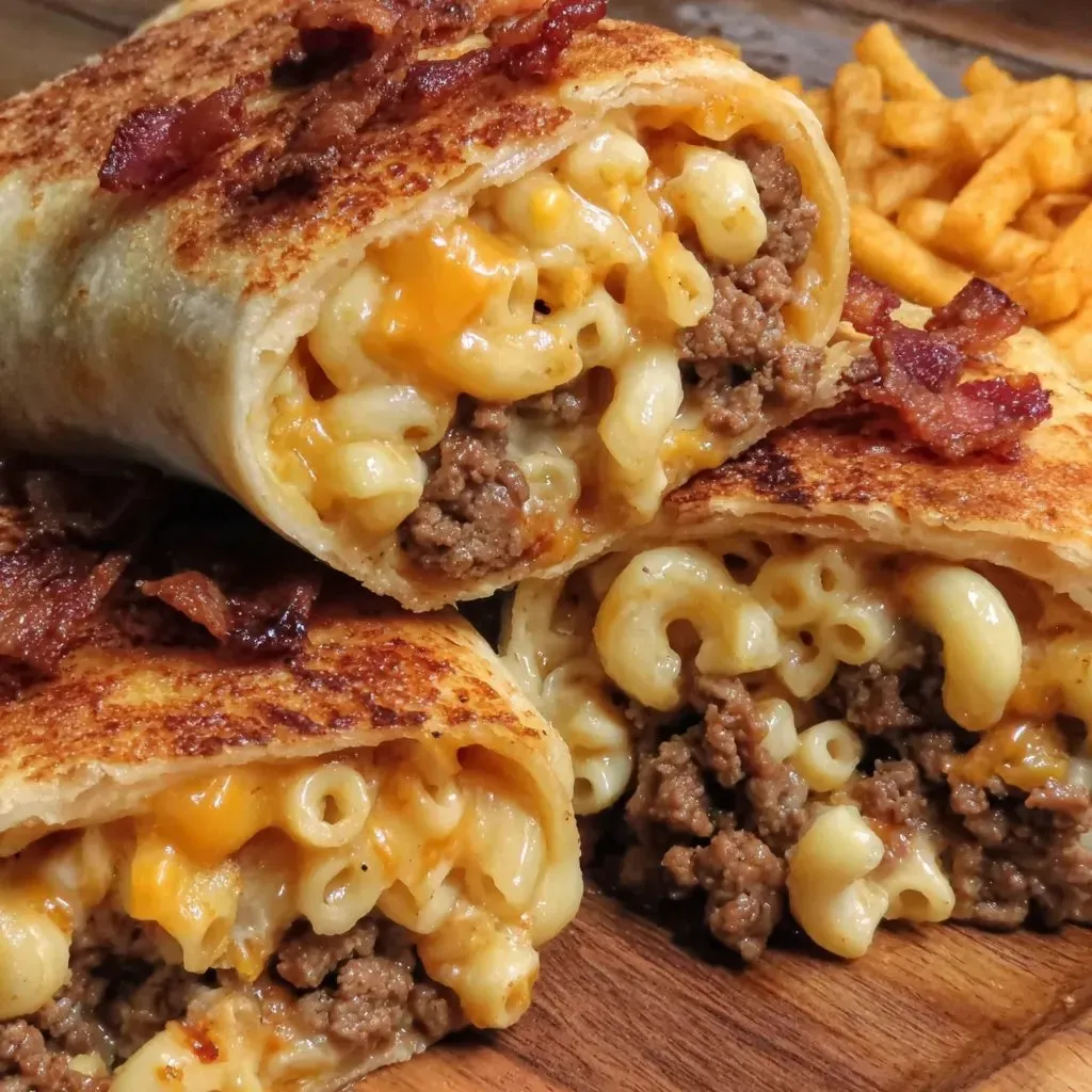 A tortilla wrap packed with cheesy macaroni.