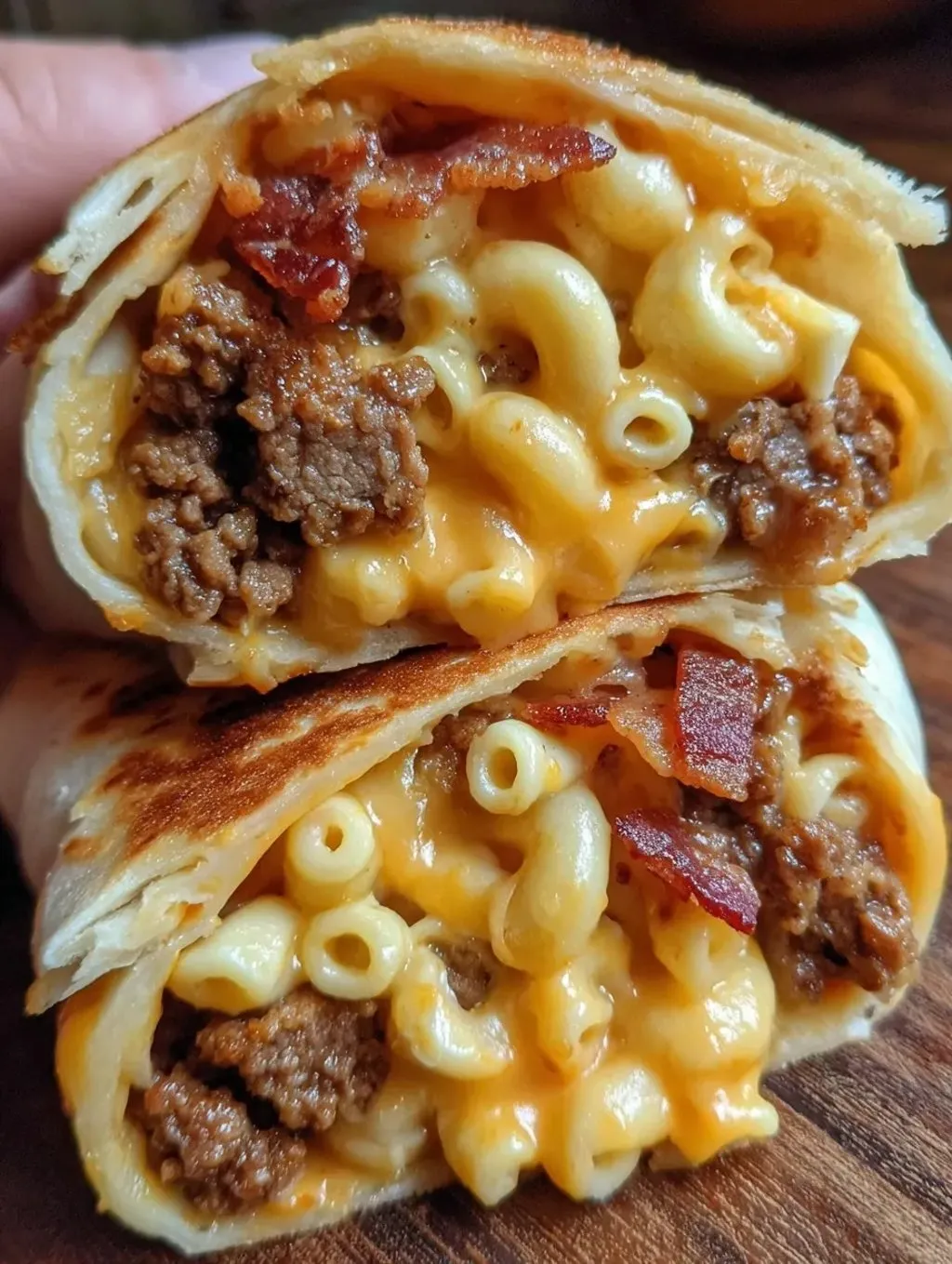 A burrito stuffed with mac and cheese.
