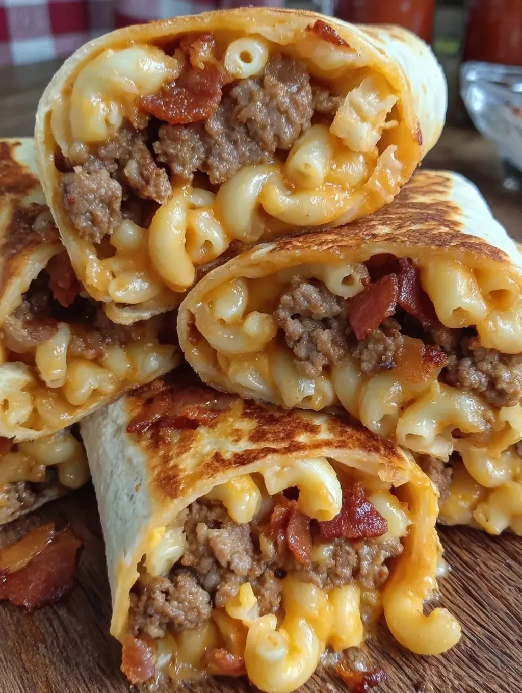 Piled burritos loaded with macaroni and meat.