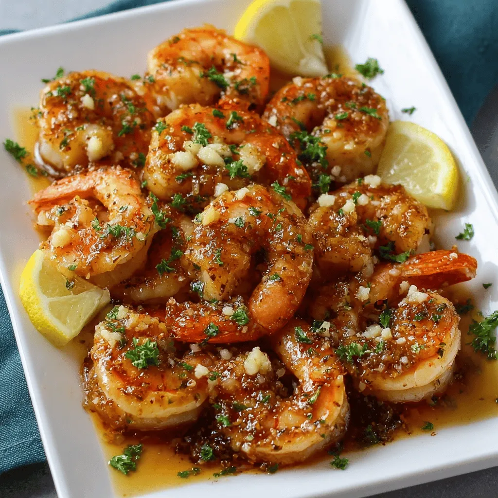A plate stacked with shrimp and wedges of lemon.