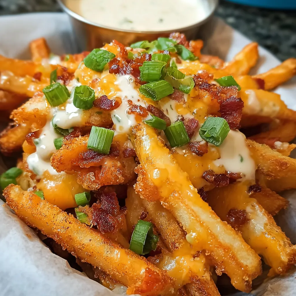 Plateful of cheesy fries topped with crispy bacon.