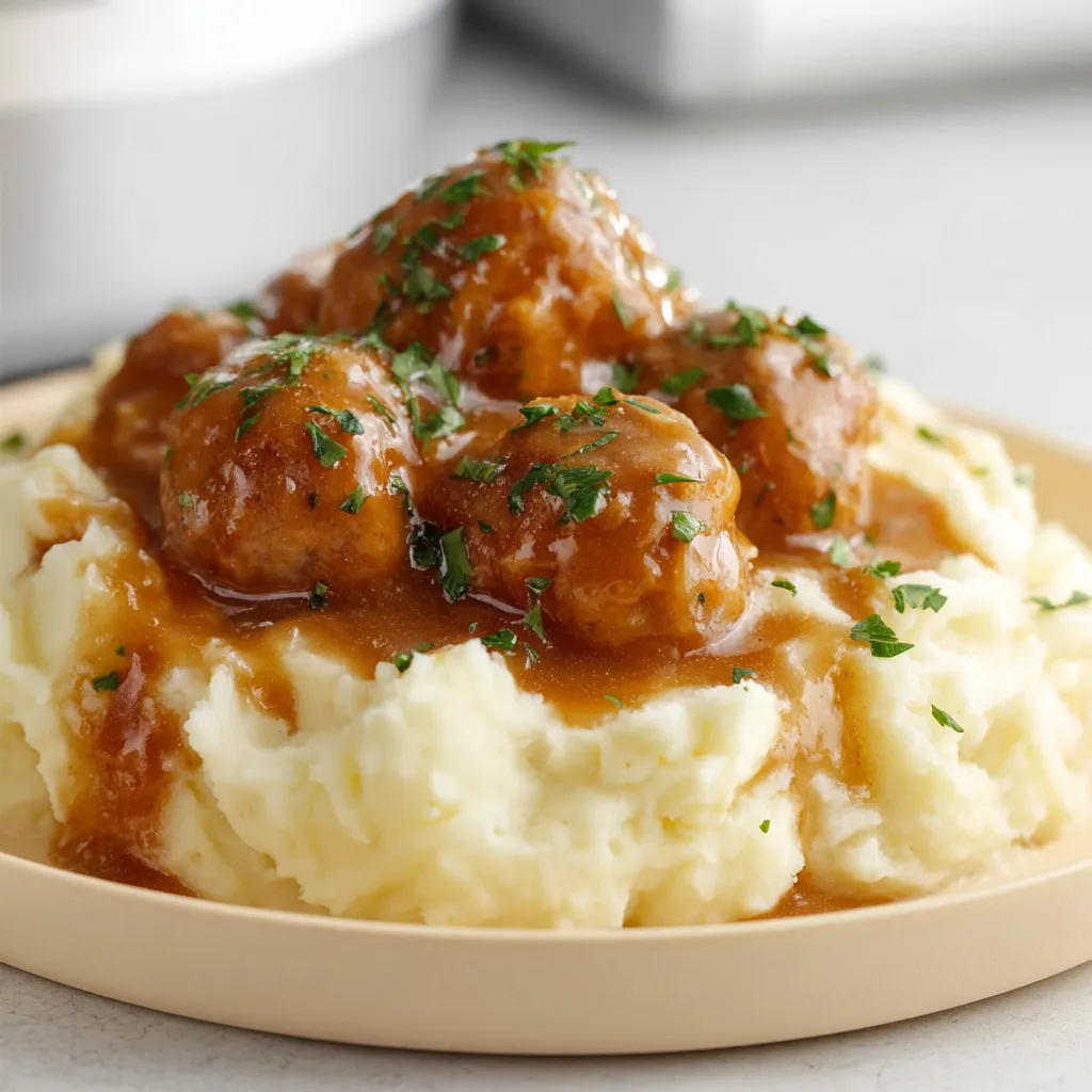 Meatballs slathered in gravy and served on a plate.