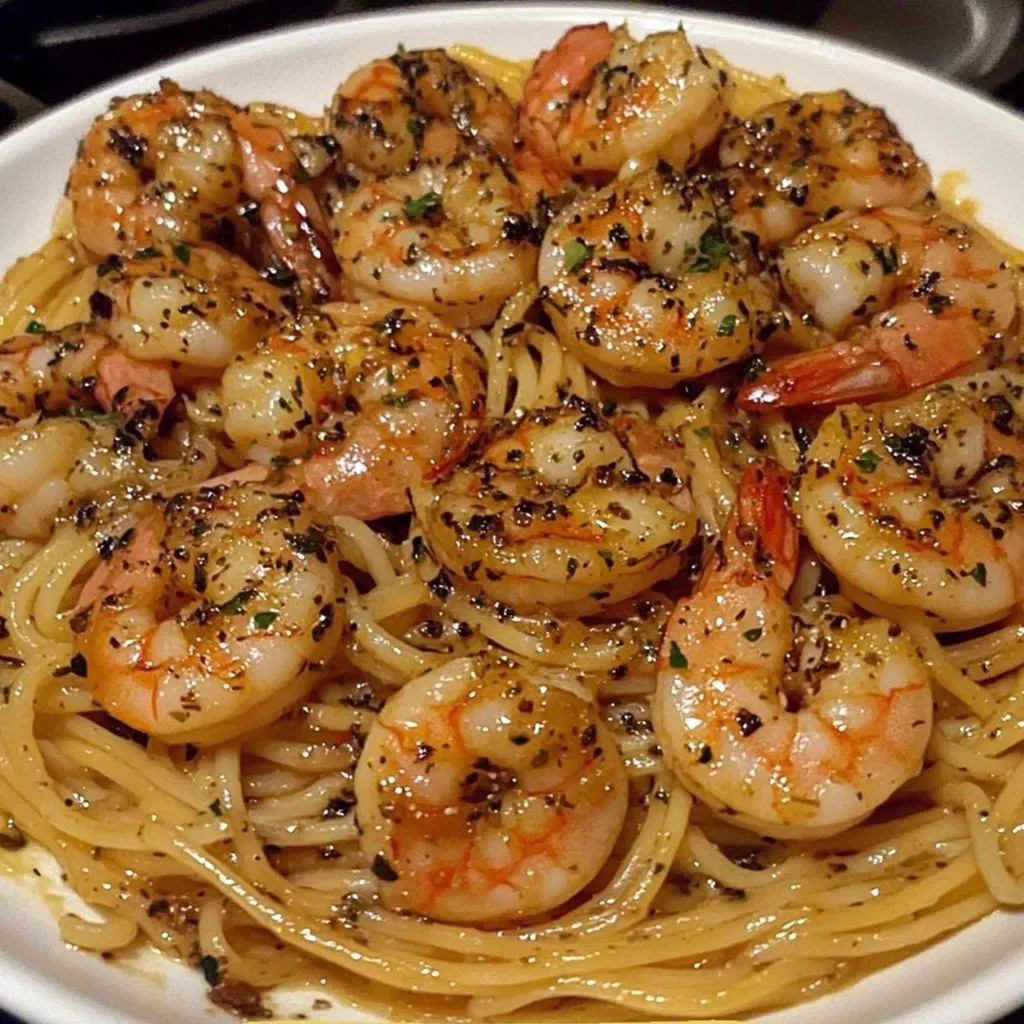 A bowl packed with pasta and shrimp.